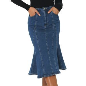 Fishtail Bodycon Skirt High Waist Long Denim Jean Skirt Dark Blue